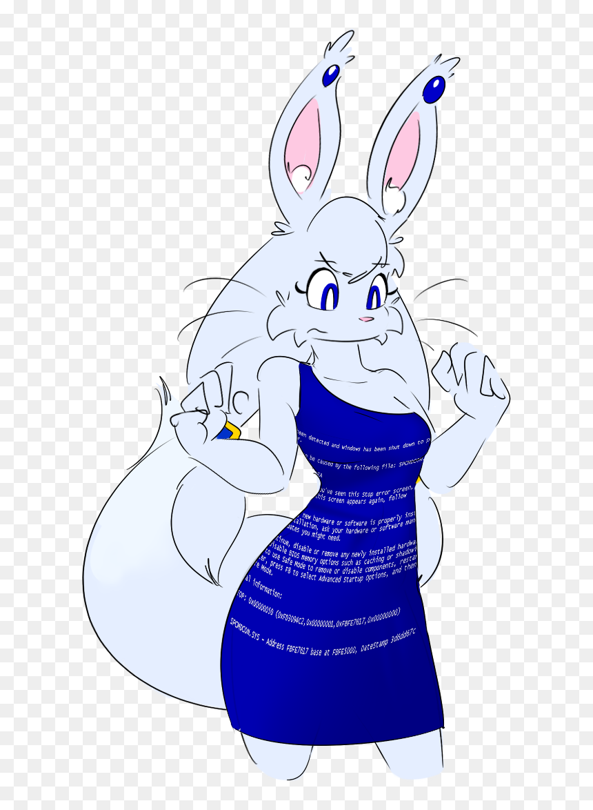 A distressed anthropomorphic rabbit with blue eyes wearing a blue dress displaying a Windows BSOD error message.