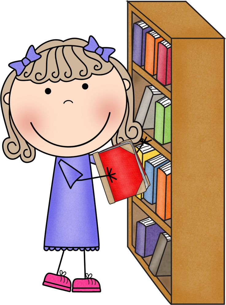 Smiling cartoon girl with purple bows holding a red book beside a wooden bookshelf filled with colorful books.