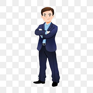 Confident businessman in navy suit with arms crossed, standing against transparent background.