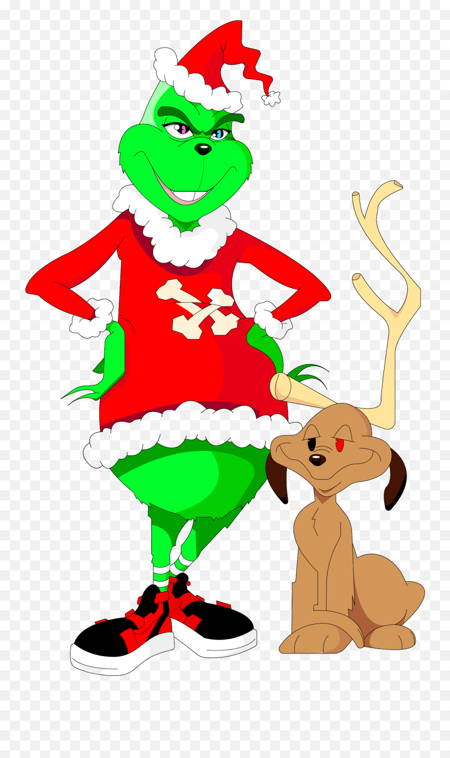 The Grinch in a festive red Santa outfit with white trim, standing confidently beside his dog Max, who wears antlers.