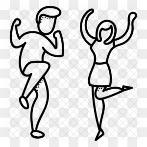 Line-art illustration of a man and woman dancing joyfully with raised arms and dynamic poses.