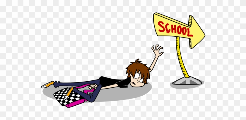 A cartoon student lying exhausted on the ground next to a "SCHOOL" sign, reaching out desperately.
