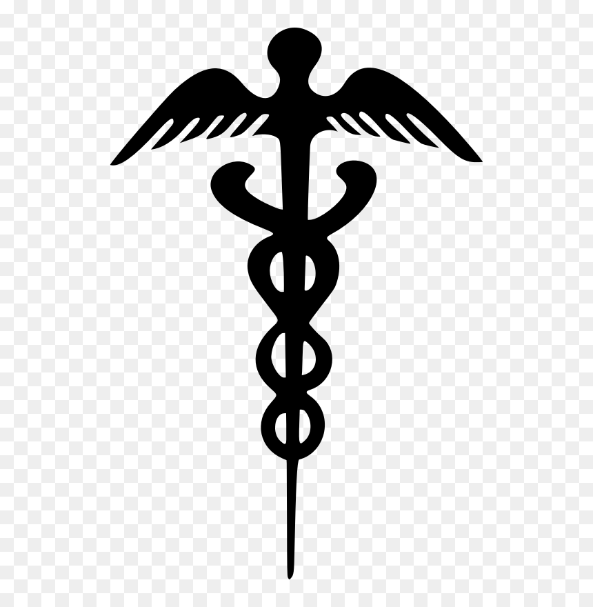 Black caduceus symbol with winged staff and two intertwined snakes on transparent background.
