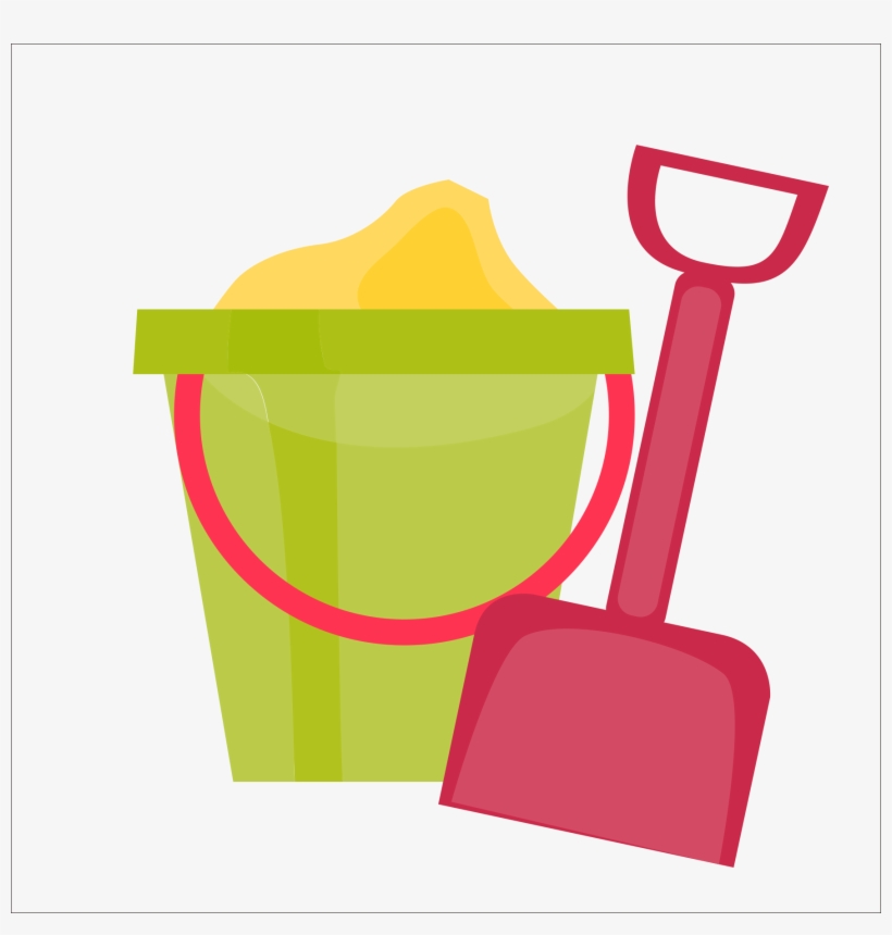 Green bucket filled with yellow sand and a red plastic shovel, classic beach toy set.