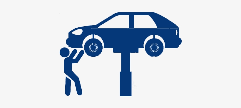 Blue icon showing a person pushing a car elevated on a hydraulic lift, symbolizing auto repair or maintenance assistance.