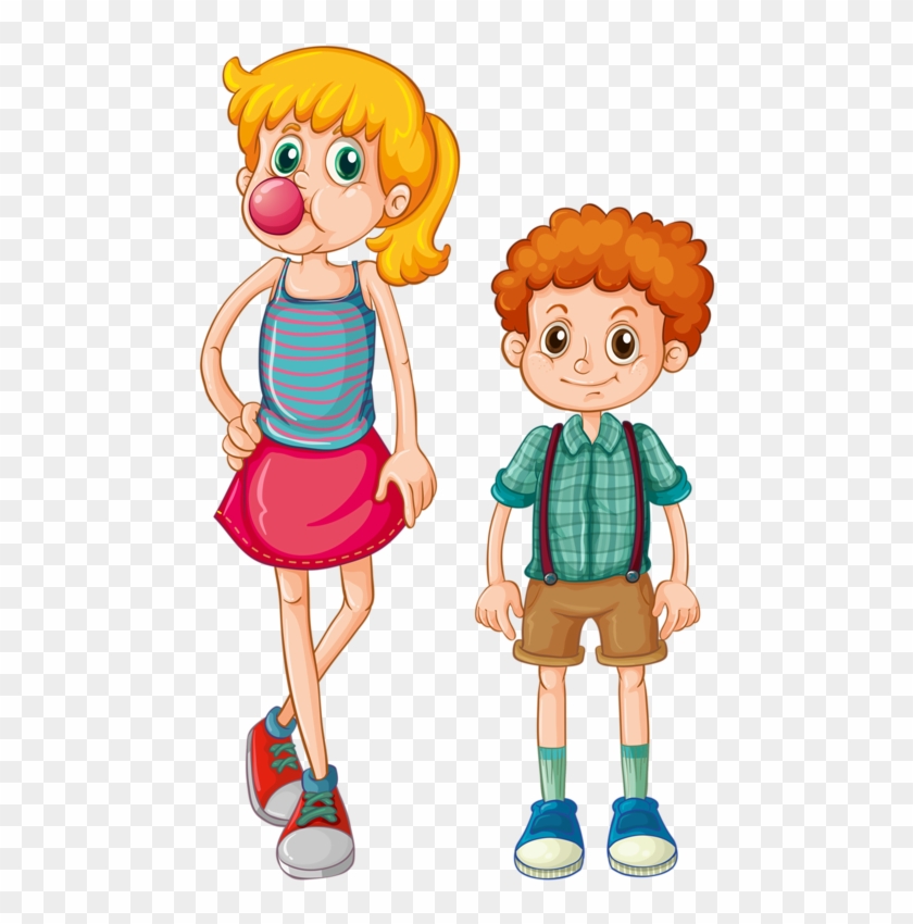 Cartoon girl with blonde hair blowing a bubblegum bubble and boy with curly red hair standing beside her.