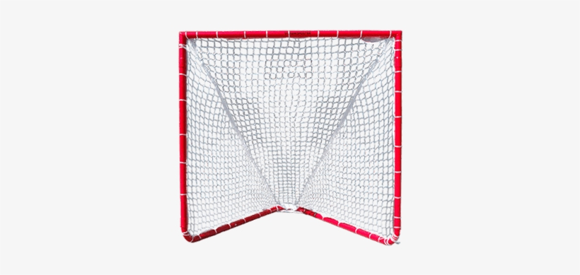 Red-framed lacrosse goal with white netting, viewed front-on against a white background.