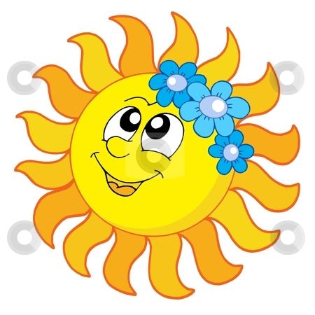 Cheerful cartoon sun with smiling face and blue flowers on its head, yellow-orange rays.
