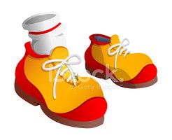 Bright yellow and red clown shoes with white laces and a white sock peeking out, cartoon-style illustration.