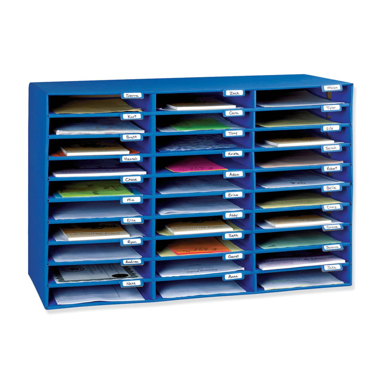 Blue 30-compartment student mail organizer with labeled slots holding papers and notebooks.
