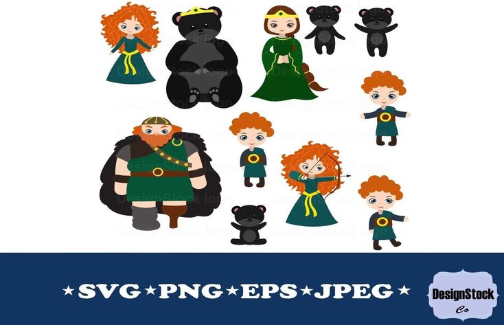 Collection of cartoon-style Merida and bear characters in SVG, PNG, EPS, JPEG formats by DesignStock Co.