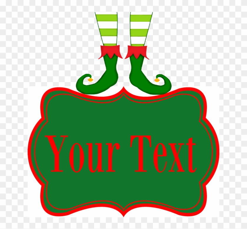 Festive elf feet in green striped socks and curled shoes above a green sign with red border and placeholder text "Your Text".