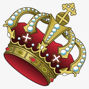 Ornate golden royal crown with red velvet lining, white pearls, and Christian crosses.