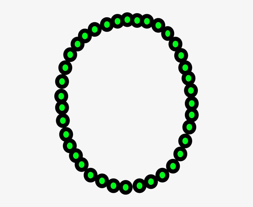 A stylized circular necklace composed of bright green beads with black outlines, evenly spaced in a loop.