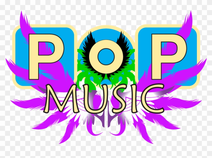 Vibrant "POP MUSIC" logo with purple feathers, blue blocks, and green floral accents.
