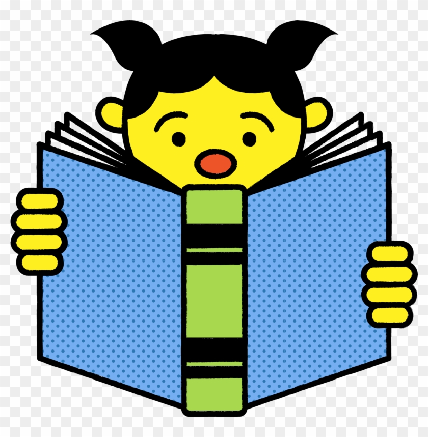 Yellow cartoon girl with pigtails reading a blue dotted book, surprised expression.