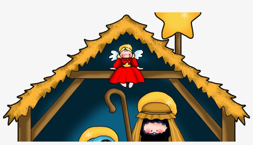 Cartoon nativity scene with angel on roof, Mary and Joseph in manger, star above.
