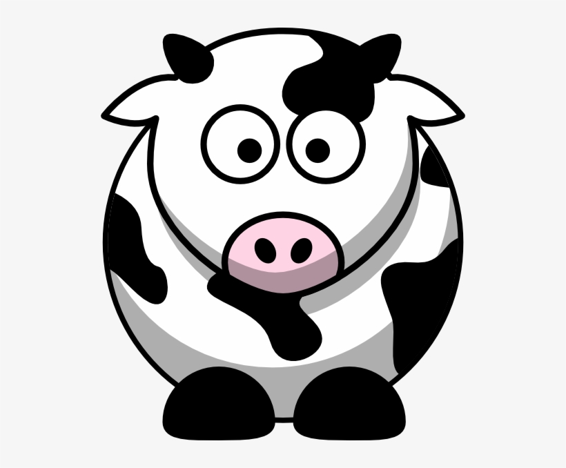 Cartoon black-and-white cow with large eyes, pink nose, and round body, sitting upright.