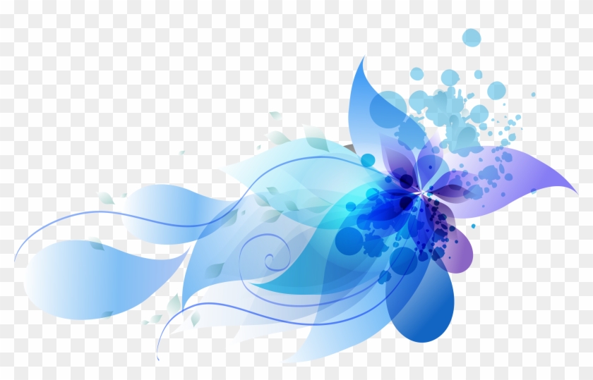Abstract blue and purple floral design with flowing swirls and splatter effects on transparent background.