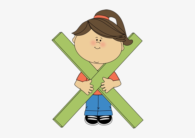 A cartoon girl holding two green wooden planks crossed in an X shape, smiling with brown hair in a ponytail.