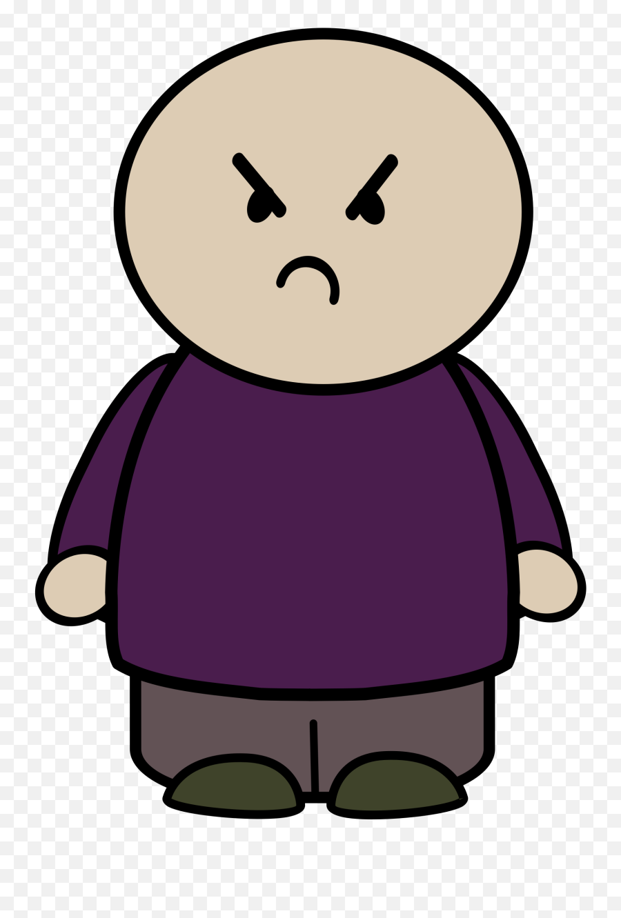 Angry cartoon character with bald head, furrowed brows, frown, wearing purple shirt and gray pants.