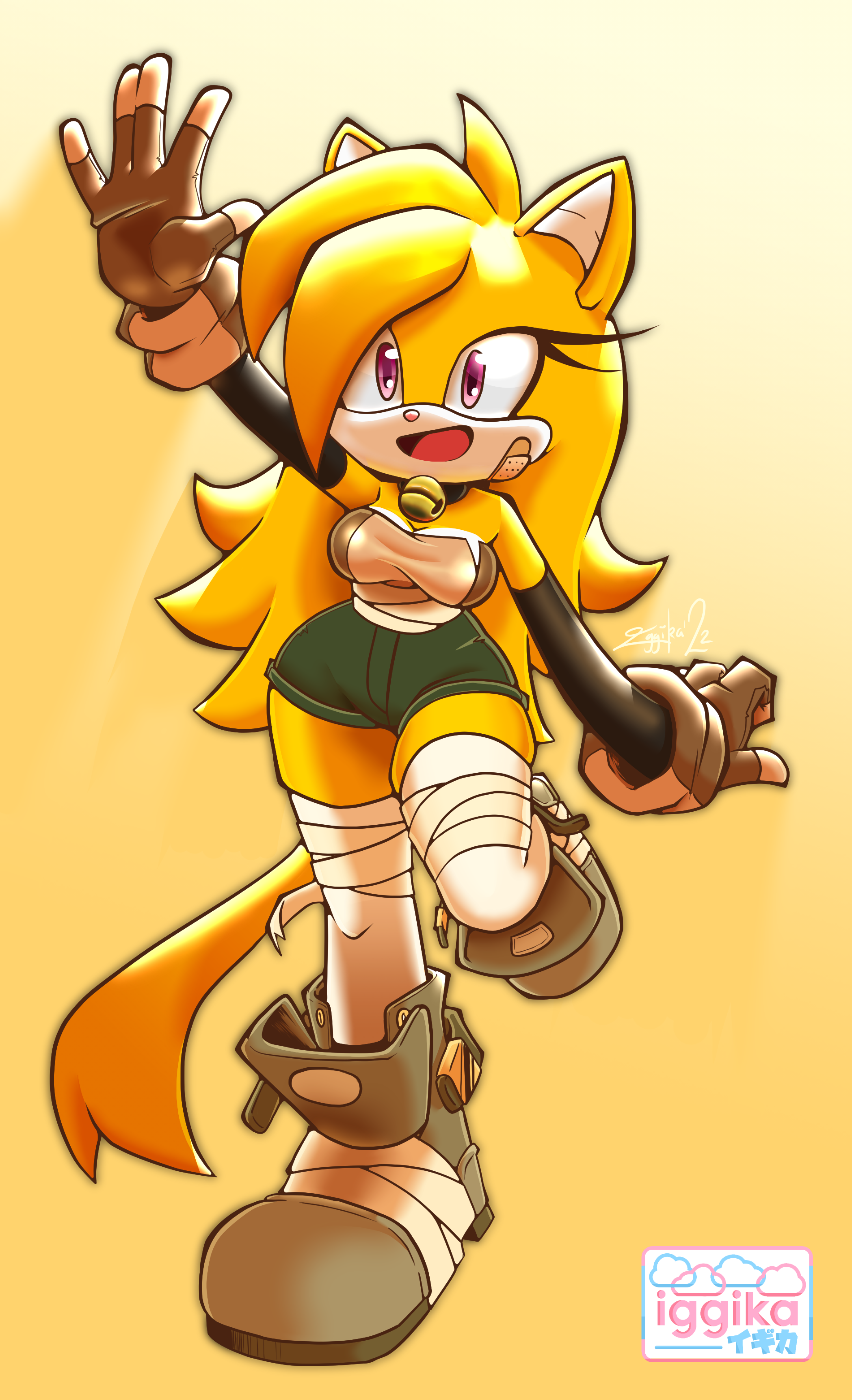 A cheerful orange-furred anthropomorphic fox with long hair, green shorts, and brown boots, waving playfully against a warm yellow background.