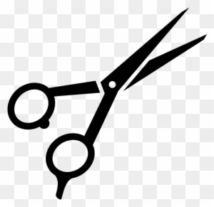 Black silhouette of open scissors on transparent background, symbolizing hairdressing or cutting tools.