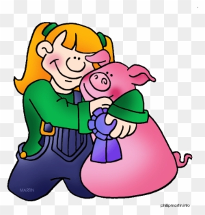 A smiling girl with orange pigtails hugs a pink pig wearing a green hat and purple scarf.
