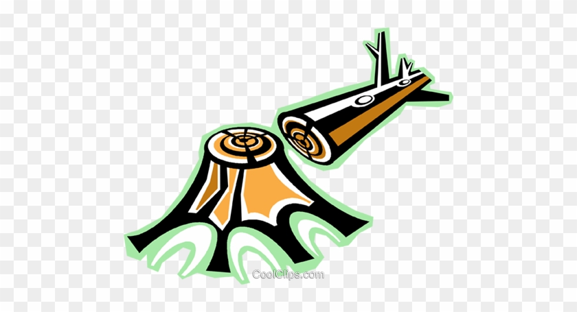 Stylized cartoon illustration of a tree stump with a fallen log and green sprouts, symbolizing regrowth or deforestation.