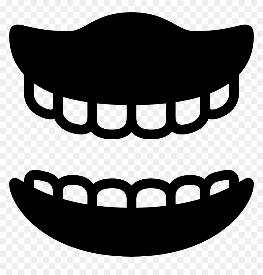 Black silhouette of open mouth with upper and lower teeth, stylized cartoon expression on transparent background.