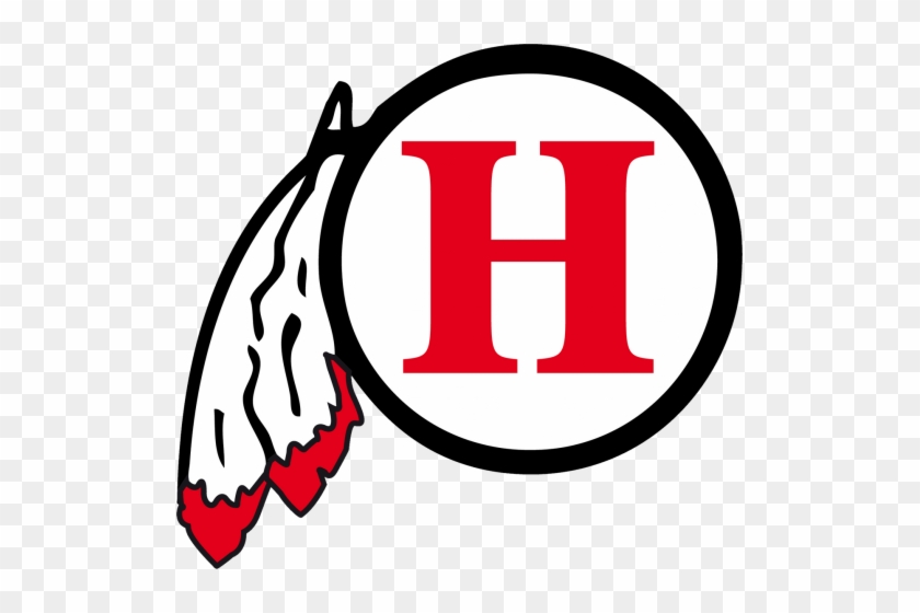 Red letter 'H' inside a black circle with a white feather featuring red tips, representing a sports team logo.