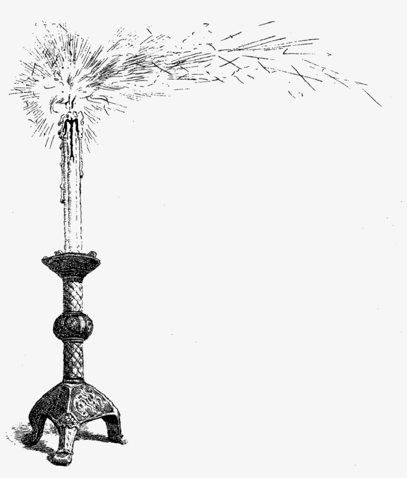 Vintage ornate candlestick with a burning candle emitting sparks and smoke, drawn in detailed black-and-white line art.