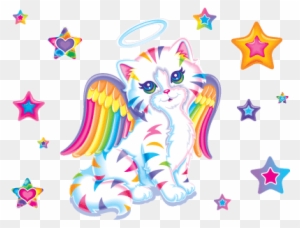Rainbow-winged angel cat with halo, surrounded by colorful stars on transparent background.