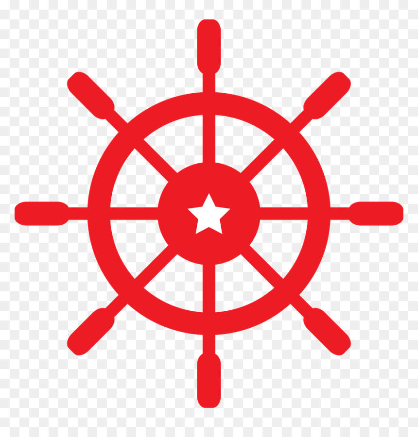 Red ship’s wheel icon with white star at center, symbolizing navigation and leadership.