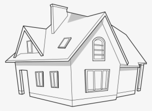 Line drawing of a two-story house with gabled roof, dormer windows, and chimney.