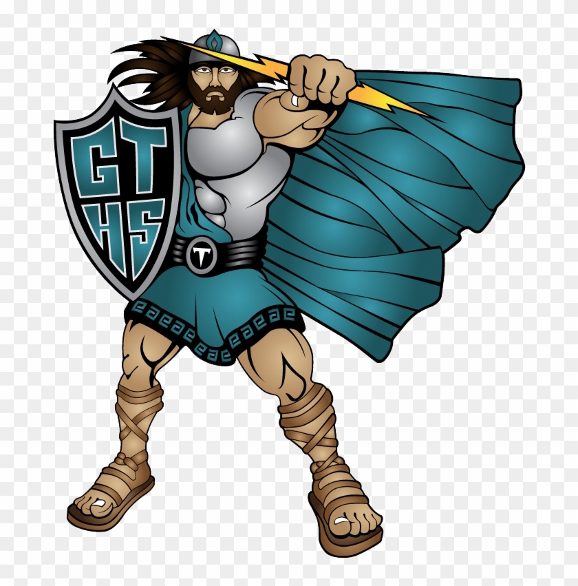 Mythical warrior with thunderbolt and shield bearing "CTHS" logo, wearing blue cape and armor.