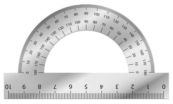 A transparent plastic protractor overlaid on a metal ruler, showing dual-scale angle and linear measurements.