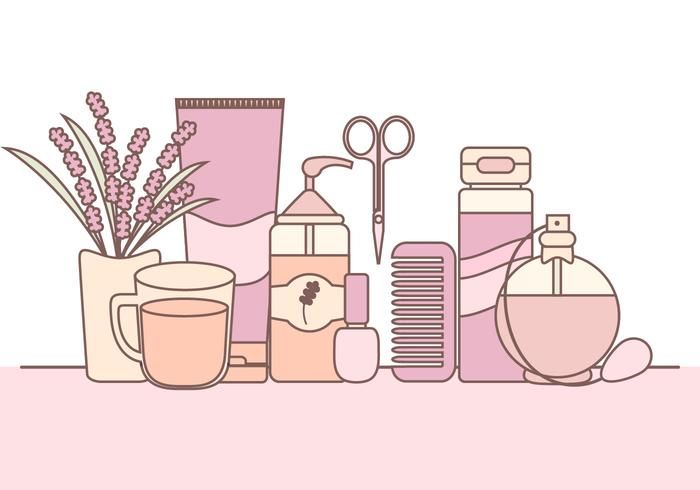 A soft-pink illustrated flat lay of beauty and self-care items including lavender, lotion, scissors, comb, perfume, and a mug.