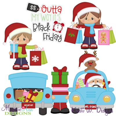 Festive cartoon children and Santa in cars with gifts, Black Friday sale theme