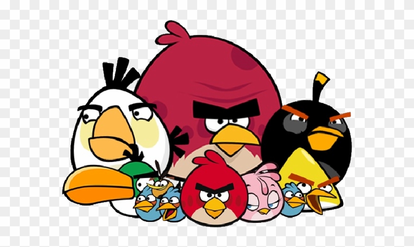A group of Angry Birds characters including Red, Chuck, Bomb, Matilda, and the Blues, posed together with expressive faces.