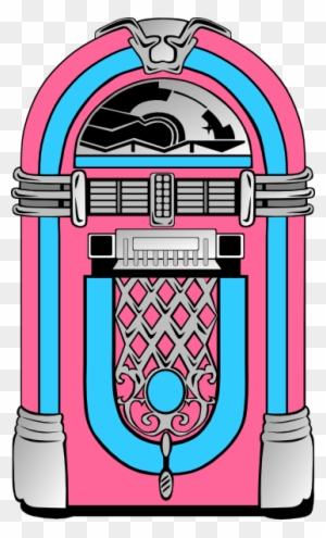 Pink and blue vintage jukebox with ornate grille and chrome accents, retro 1950s design.