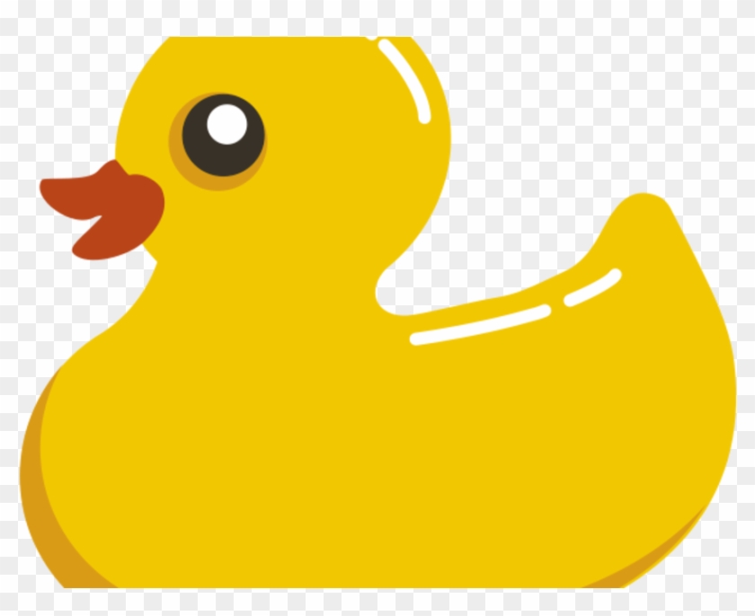 Bright yellow rubber duck with orange beak and large black eye, cartoon-style on transparent background.