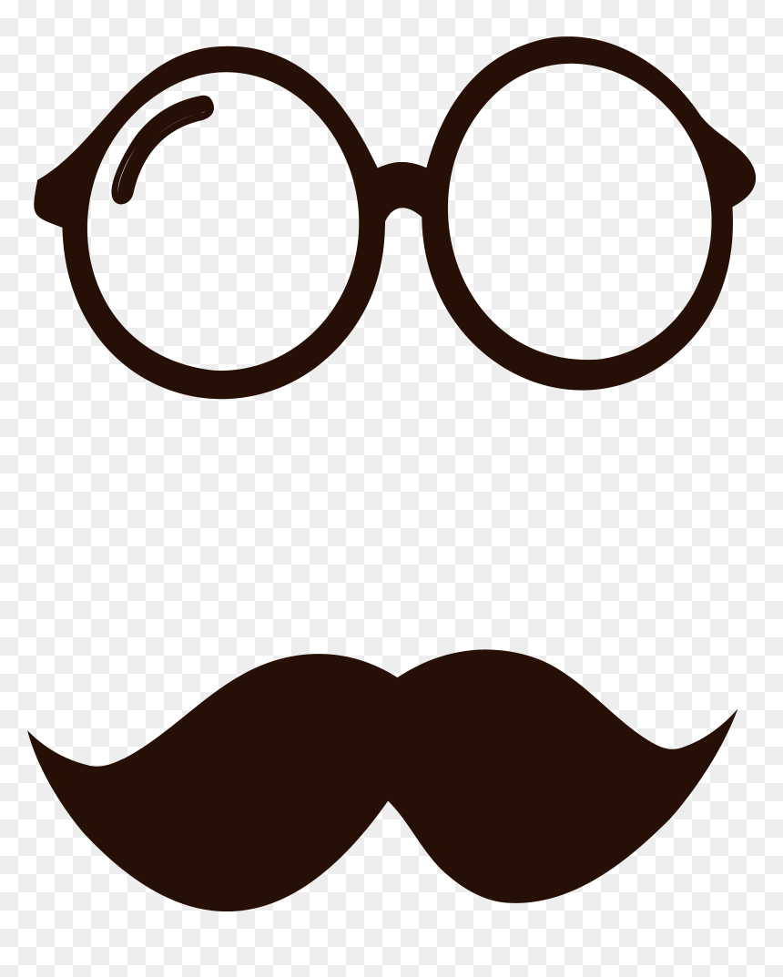 Brown round glasses and classic handlebar mustache silhouette on transparent background.