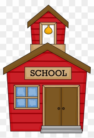 Red cartoon schoolhouse with bell tower, double doors, and window.