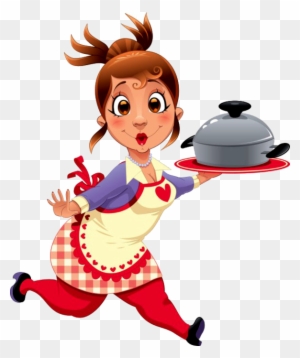 Cheerful cartoon woman in apron running while carrying a covered pot on a tray.