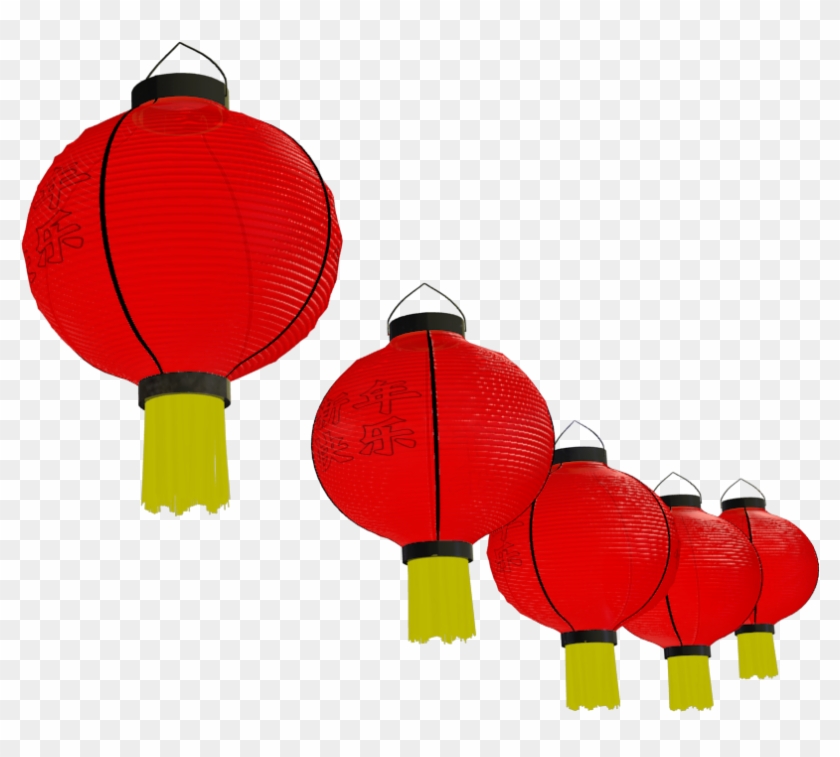 Red Chinese lanterns with “Happy New Year” text, yellow tassels, arranged diagonally on transparent background.