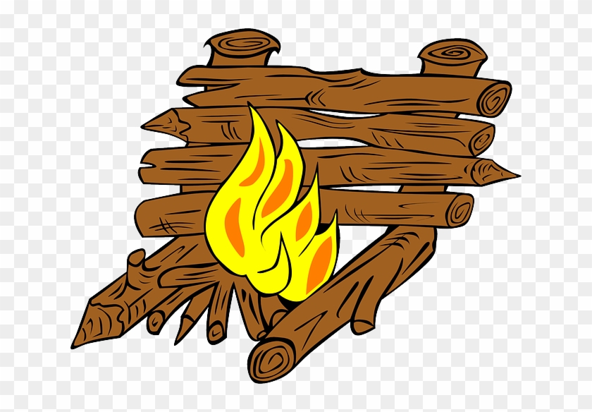 Cartoon-style campfire with bright yellow-orange flames burning between stacked wooden logs.