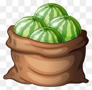 A burlap sack filled with four fresh green-striped watermelons, illustrated in cartoon style.