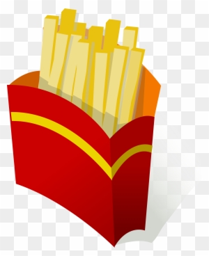 A red and yellow paper container filled with golden french fries, illustrated in a clean cartoon style on transparent background.