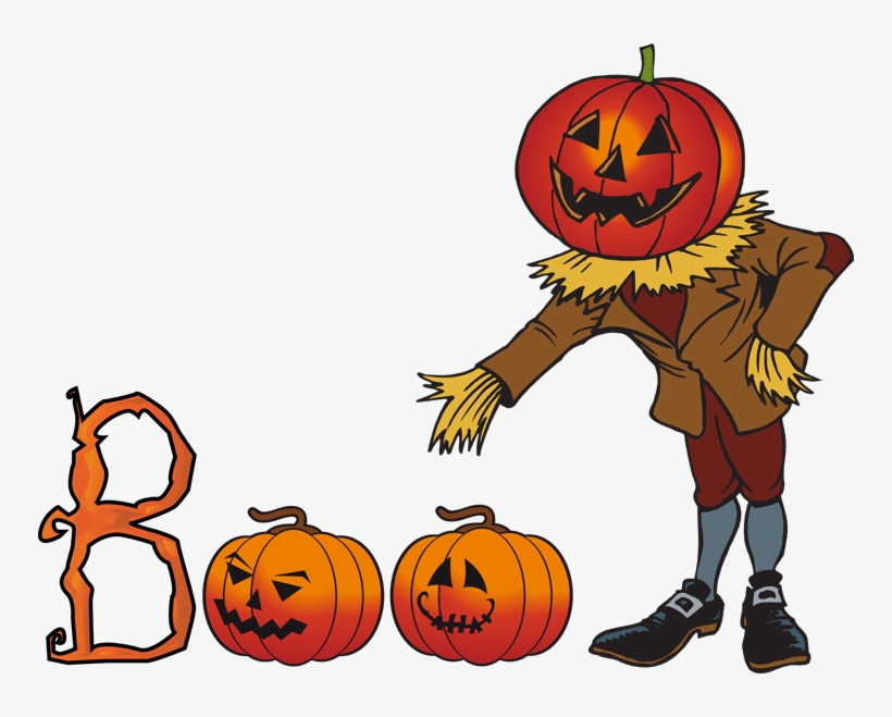 Halloween Boo Clipart - Scarecrow with Pumpkin Head and Carved Pumpkins